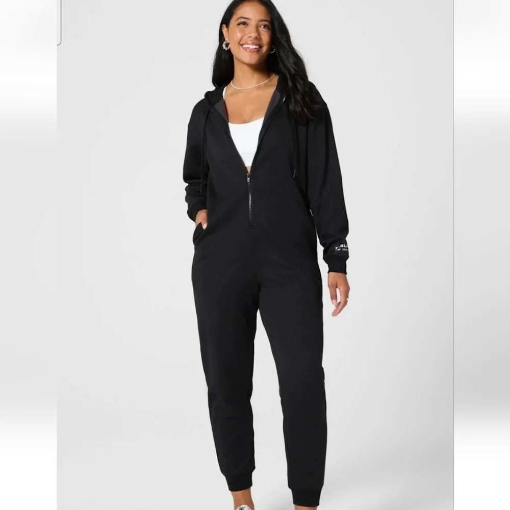Fabletics Sparkle Hooded Jumpsuit Women XXS Black Luxe 360 Half Zip Sweatsuit